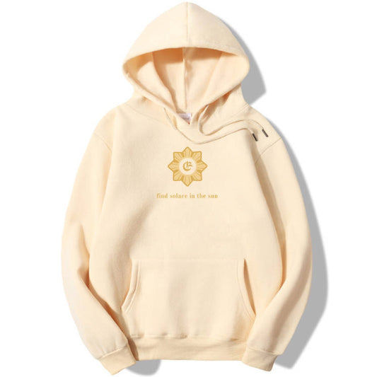 Cream 100% Cotton Hoodie with drawstrings and pockets with Philippine Sun design and find solace in the sun written on the upper torso.